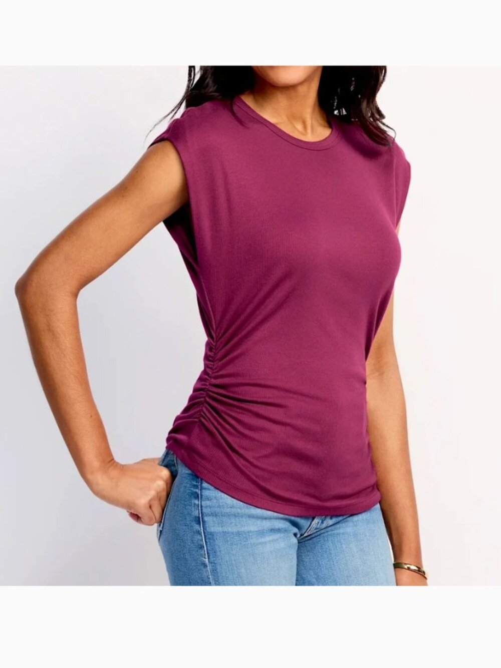 New Michael Stars Joni Crew Neck Power Shoulder Top NWT Ultra Rib Cabernet Small